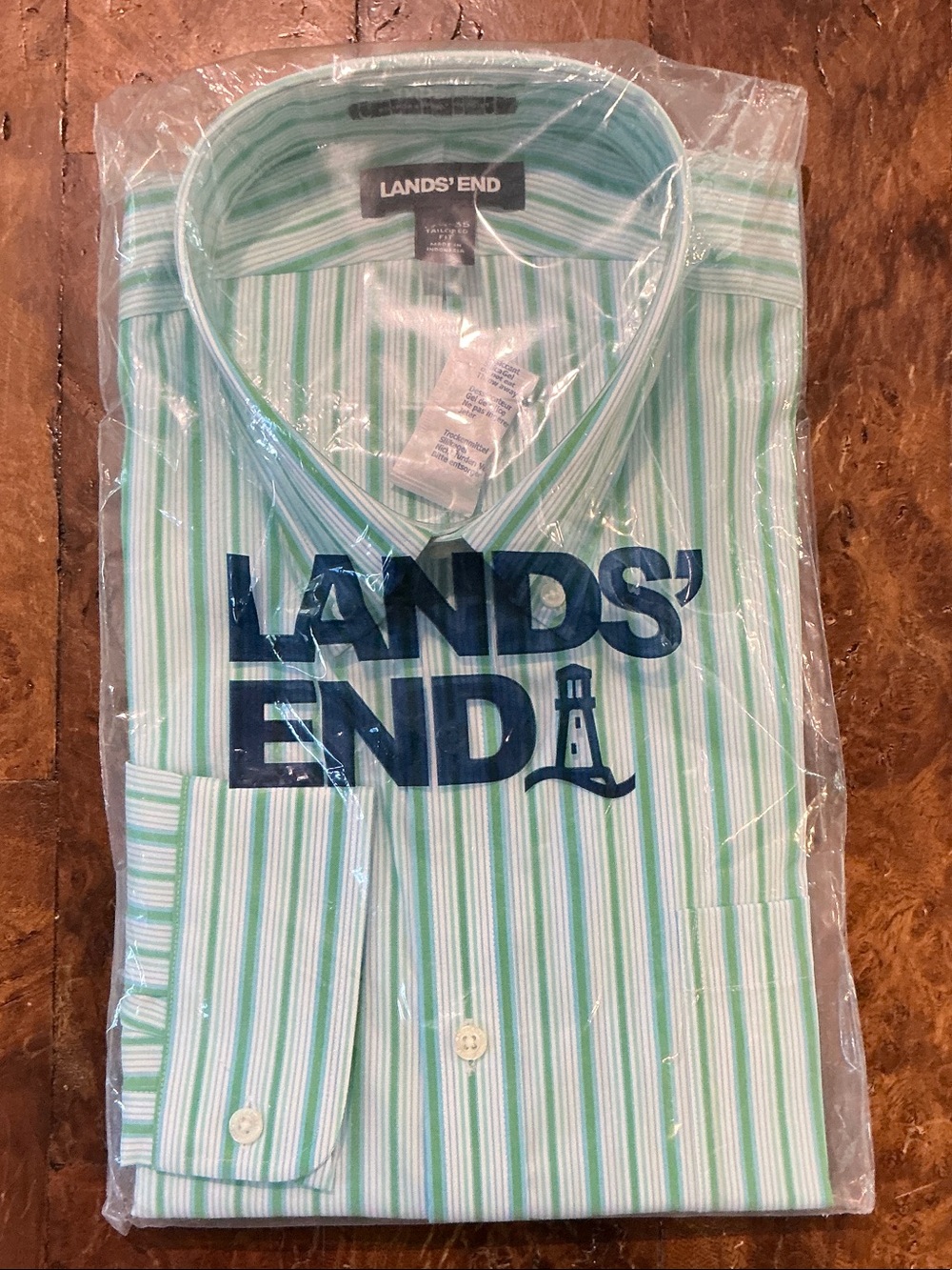 Lands' End Light Green and White Striped Men's Dress Shirt